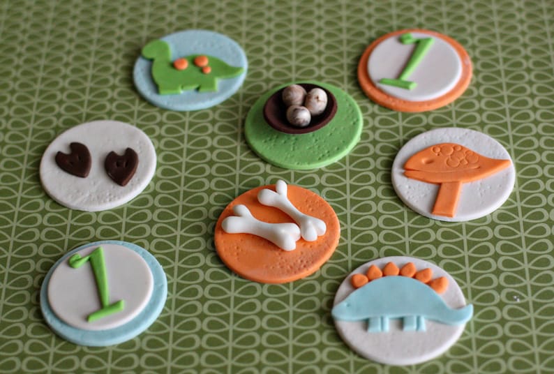 Fondant Dinosaur, Bone, Nest with Eggs, Footprint and Age Toppers for Cupcakes, Cookies or other Treats image 4