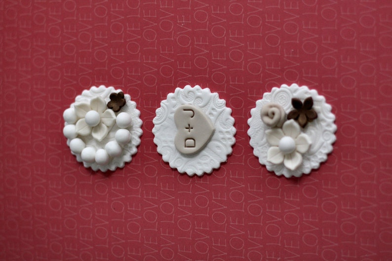 Fondant Victorian Lace Monogram, Initials, Flower and Pearl Toppers for Decorating Engagement, Shower or Wedding Cupcakes image 3