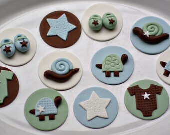 Baby Shower Fondant Turtle, Snail, Onesie, Booties and Star Toppers for Cupcakes, Cookies or Mini-Cakes