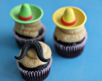 Mustache and Sombrero Fondant Toppers for Cupcakes Perfect for Birthday, Celebration and Cinco De Mayo Parties
