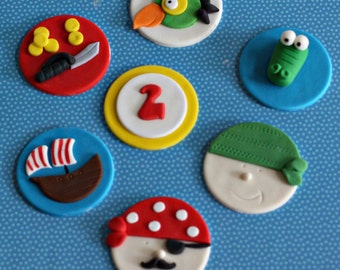 Fondant Pirate, Parrot, Crocodile, Ship, Sword and Age Cupcake Toppers for Pirate Birthday Parties