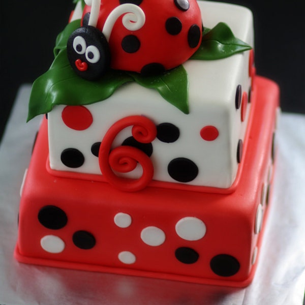 Ladybug Fondant Cake Topper and Matching Polka Dot and Age Cake Decorations Perfect for a Ladybug Party