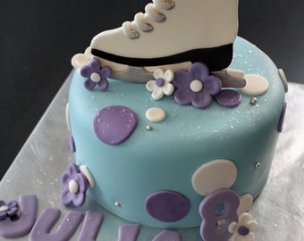 Fondant Ice Skate Cake Topper, with Polka Dots, Flowers, Name and Age Decorations for a Special Birthday Cake