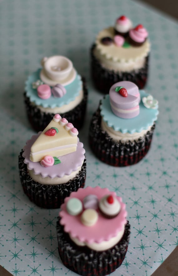 Fondant Tea Party Toppers With Teapot, Teacups, Macaroons, Cupcakes,  Cookies and Cakes for Decorating Cupcakes, Cookies 