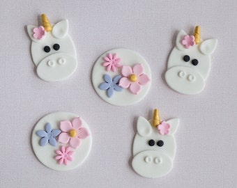 Fondant Unicorn and Flower Toppers for Cupcakes, Cookies or Brownies