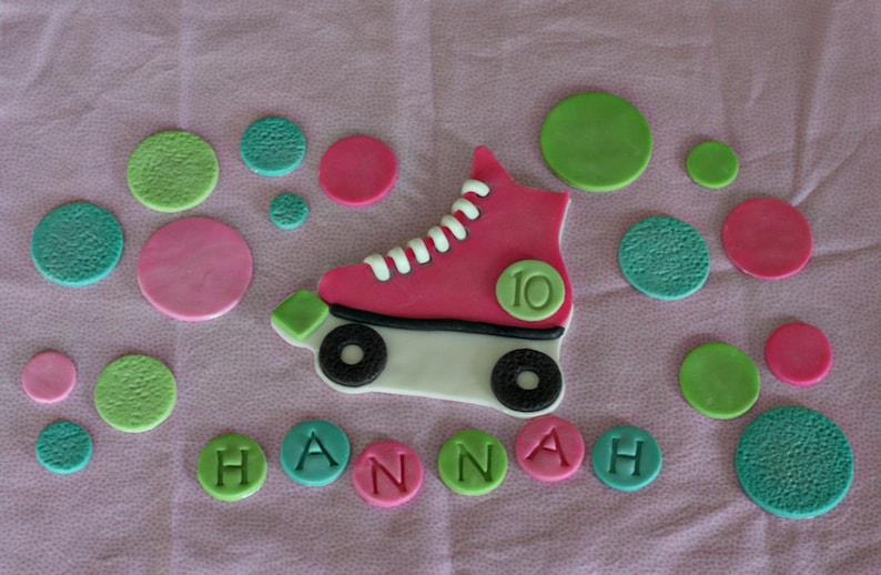 Fondant Roller Skate Cake Topper, with Polka Dots, Name and Age Decorations for a Special Roller Skating Themed Birthday Cake image 2