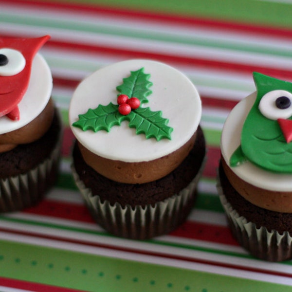 Fondant Owl and Holly Toppers for Decorating Christmas Cupcakes, Cookies and or other Holiday Treats