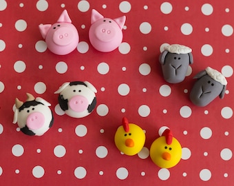 Farm Animals Fondant Toppers 3D Cow, Sheep and Pig Heads for Cupcakes, Cookies, Brownies or MiniCakes
