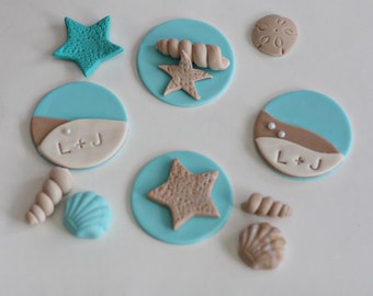 Fondant Wedding or Engagement Beach Ocean Sea Shells, Starfish and Initials for Decorating Cupcakes or Cookies