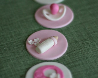 Baby Shower Fondant Bib, Bottle and Pacifier Toppers for Cupcakes, Cookies or Mini-Cakes