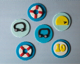 Fondant Swimming Goggles, Swim Cap, Life Preserver and Age Toppers for Birthday Cupcakes, Cookies or Cakes