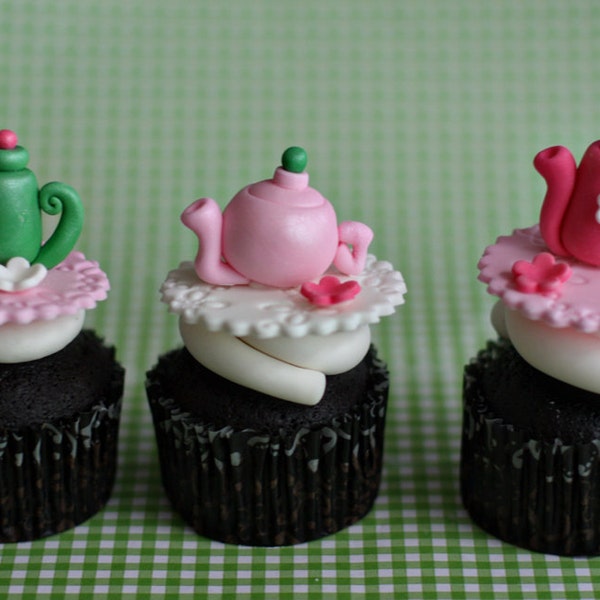 Fondant Tea Pot and Flower Toppers for Decorating Cupcakes or Cookies for Your Tea Party