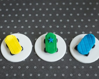 Fondant Skateboard Toppers for Birthday Cupcakes, Cookies or Cakes