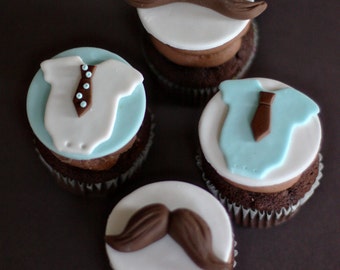 Fondant Mustache, Tie and Bow Tie Onesie Toppers for Birthday or Baby Shower Cupcakes, Cookies or Mini-Cakes