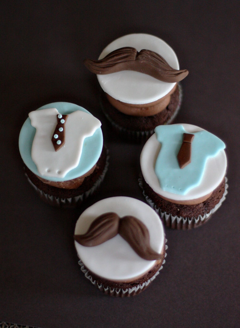 Fondant Mustache, Tie and Bow Tie Onesie Toppers for Birthday or Baby Shower Cupcakes, Cookies or Mini-Cakes image 1