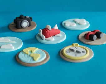 Fondant Travel Airplane Camera Compass Cupcake Toppers for Cupcakes, Cakes or Cookies