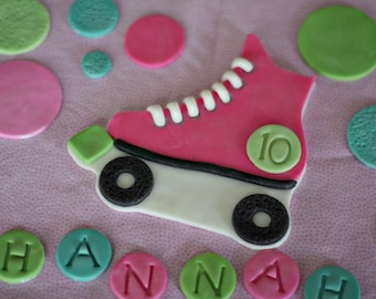 Fondant Roller Skate Cake Topper, with Polka Dots, Name and Age Decorations for a Special Roller Skating Themed Birthday Cake
