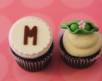 Fondant Pea Pod and Monogram Toppers for Baby Shower Cupcakes or Other Treats