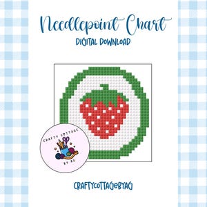 May include: Digital needlepoint chart with a pixelated strawberry design. The strawberry is red with green leaves, surrounded by a green border and white background. The text "Needlepoint Chart DIGITAL DOWNLOAD" is at the top. A logo for Crafty Cottage by AG is in the lower left.