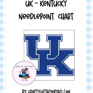 May include: A white background with a blue and white checkered border surrounds a needlepoint chart. The chart features a blue "UK" logo, with text that reads "UK - KENTUCKY NEEDLEPOINT CHART". A circular logo with the text "Crafty Cottage" is also present.