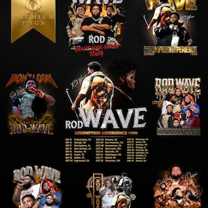 May include: A collection of eight digital graphic designs featuring Rod Wave, including tour posters with the text "Rod Wave," "Don't Look Down," and "Redemption Experience Tour," alongside various concert dates and imagery of the artist.