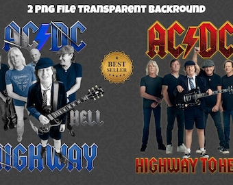 Könnte beinhalten: Zwei Bilder mit der Band AC/DC. Ein Bild hat ein blaues Logo und den Text "HIGHWAY TO HELL". Das andere Bild hat ein rotes Logo und den Text "HIGHWAY TO HELL". Beide Bilder zeigen die Bandmitglieder. Ein goldenes "BEST SELLER"-Siegel befindet sich in der Mitte.