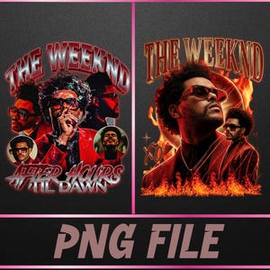 May include: Two digital graphic designs featuring The Weeknd. The left design shows the artist in a red suit with the text THE WEEKND AFTER HOURS TIL DAWN. The right design features the artist in sunglasses with flames and the text THE WEEKND XO.