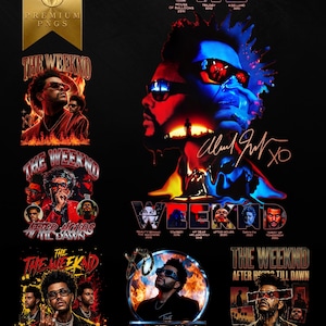 May include: A digital collection of six graphic designs featuring The Weeknd, showcasing various portraits, album titles like House of Balloons, Trilogy, Kiss Land, Beauty Behind the Madness, Starboy, My Dear Melancholy, After Hours, and Dawn FM.