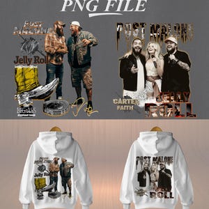 May include: White hoodie with a graphic featuring Post Malone and Jelly Roll. The design includes text that reads "Post Malone" and "Jelly Roll", along with other text and images. The hoodie is displayed on a hanger.