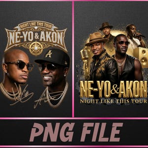 May include: A digital graphic featuring Ne-Yo and Akon for the Night Like This Tour. The design includes portraits of the artists wearing sunglasses, gold chains, and hats, alongside gold text, a vintage microphone, and a speaker on a black background.