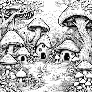 Cute Fantasy Houses Coloring Pages – Treehouse, Gingerbread, Candy & Mushroom Village, Printable Digital Download