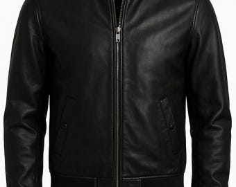 Men's Black Lambskin Leather Bomber Jacket: Handmade Quilted Coat