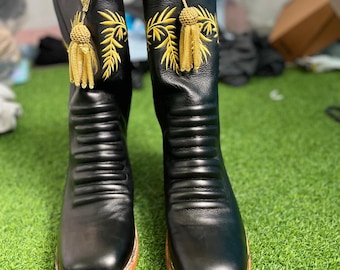 Handmade Leather Hessian Military Riding Boots with Gold Lace Embroidery