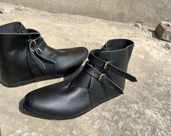 Handmade Medieval Leather Ankle Boots | Double Brass Buckle, Renaissance LARP Footwear Sizes 5 - 15