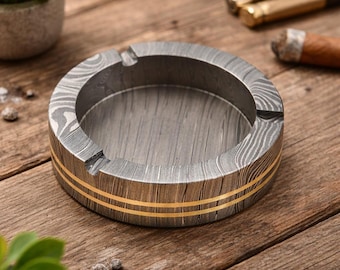 Handmade Damascus Steel Ashtray | Round Cigar & Cigarette Ash Tray with Gold Accent | Cigar Ashtray Gift for Husband | Valentine Day Gift