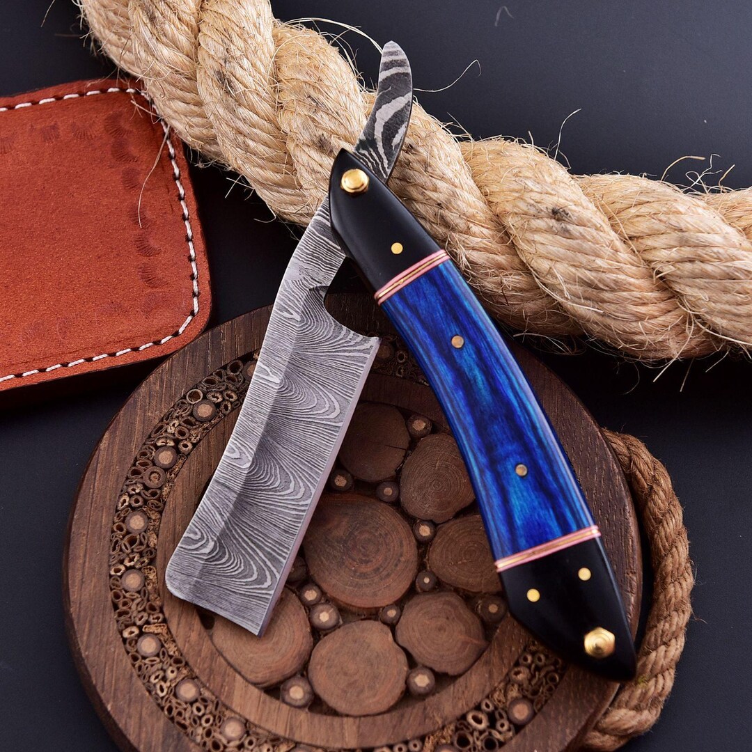 Damascus Steel Straight Razor Folding Razor Blue Wood Handle Handmade ...