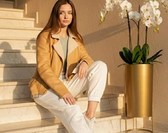 Women’s Shearling Leather Coat – Yellow Sheepskin Jacket With Fox Fur Lining