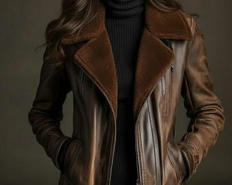Women’s Shearling Leather Coat, Brown Real Leather Jacket With Faux Fur Lining