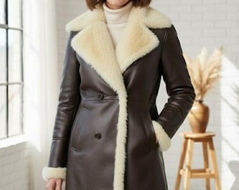 Handmade Brown Leather Shearling Coat, Lapel Collar