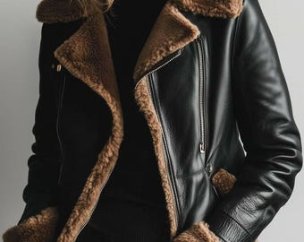 Women’s Shearling Leather Coat – Black Real Leather Jacket With Faux Fur Lining