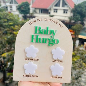 May include: A wooden sign with the text "OUR IVF JOURNEY TO Baby Hurgo" in green. Below the text are four white flower-shaped cutouts with the words "RETRIEVED", "MATURE", "FERTILIZED", and "EMBRYOS" printed below each cutout.