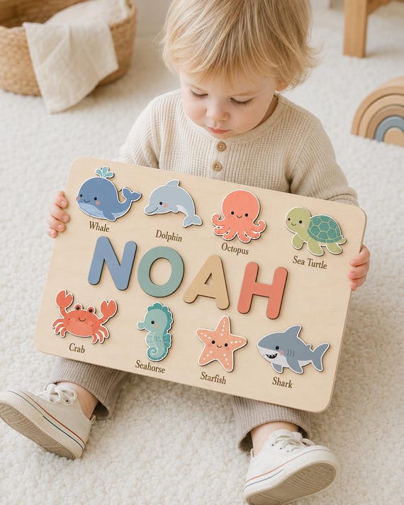 Wooden ocean-animal name puzzle where each sea creature IS a letter — a clever design concept that makes the child's name itself the toy.