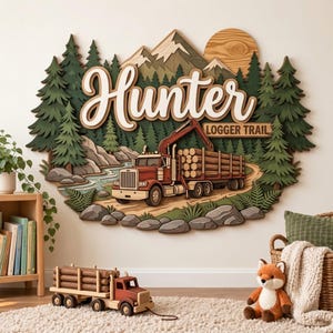 May include: A layered wooden wall sign featuring a mountain landscape, pine trees, a river, and a red logging truck carrying logs. The text reads Hunter and LOGGER TRAIL. Below, a wooden toy logging truck sits on a rug near a plush fox toy.