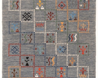 Handmade Gabbeh Wool Rug: Blue Tribal Carpet with Geometric Motifs