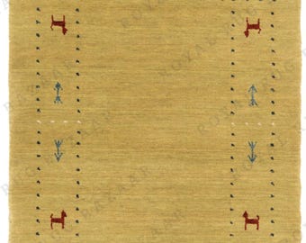Handmade Mustard Yellow Wool Gabbeh Rug: Tribal Animal Motif