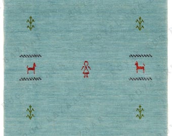 Handmade Aqua Wool Gabbeh Rug: Tribal Animal & Plant Motifs