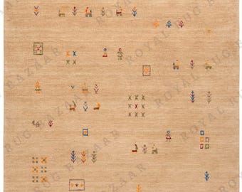 Alfombra Gabbeh de lana beige tejida a mano: diseño tribal minimalista