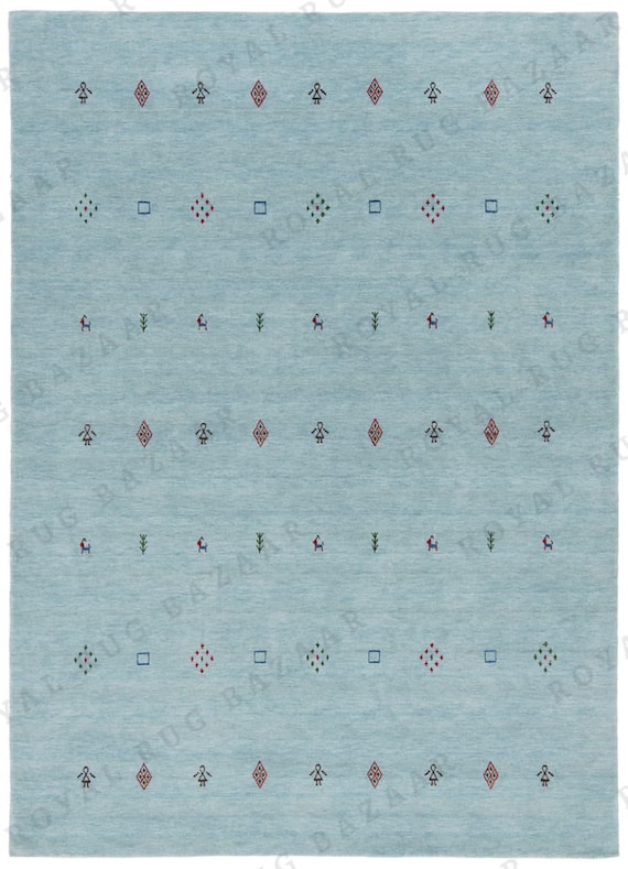 Hand Knotted Wool Gabbeh Rug: Light Blue Tribal Design 8X10 READY TO SHIP