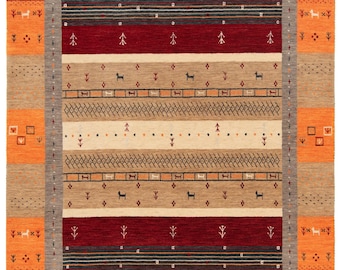 Handmade Gabbeh Wool Rug: Tribal Animal Motifs, Black, Red, and Beige