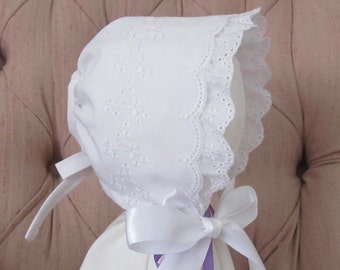 Small Baby Easter Bonnet, Baptism Bonnet, Dedication Bonnet, Ruffled Eyelet Bonnet,Sunbonnet ,Cotton Bonnet, Baby Hat, Christening Bonnet